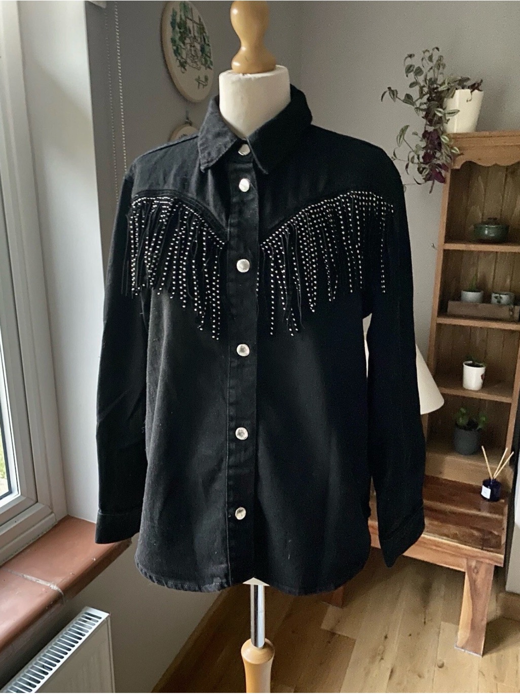 Zara Black Denim Studded Fringe Western Jacket Xs Shacket
